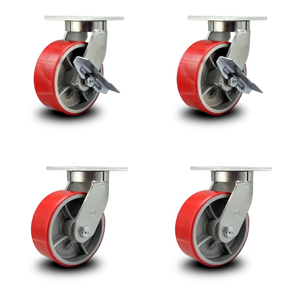 Service Caster 8 Inch Heavy Duty Red Poly on Cast Iron Caster Swivel Locks 2 Brakes, 4PK SCC-KP92S830-PUR-RS-SLB-BSL-2-BSL-2 - main